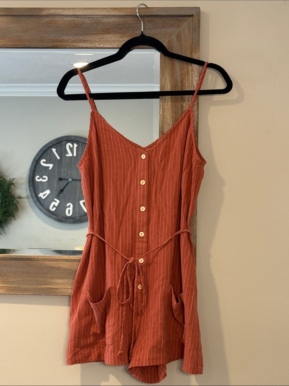 mahina Rust-Orange Pinstripe Button Romper Dress